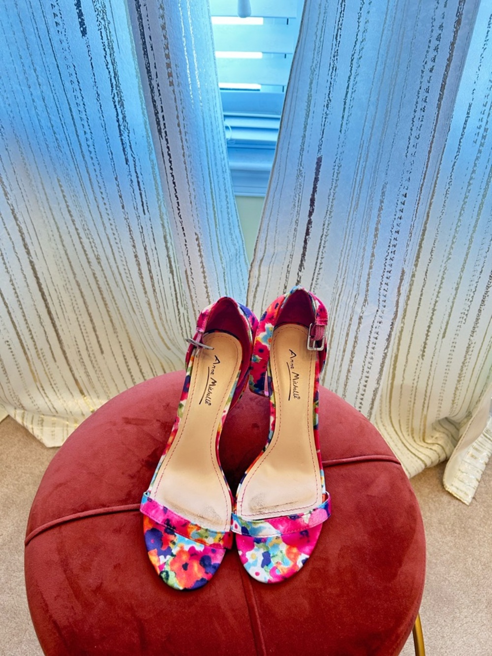 💕Anne Michelle Multicolor Floral Open-Toe Ankle-Strap Heels💙